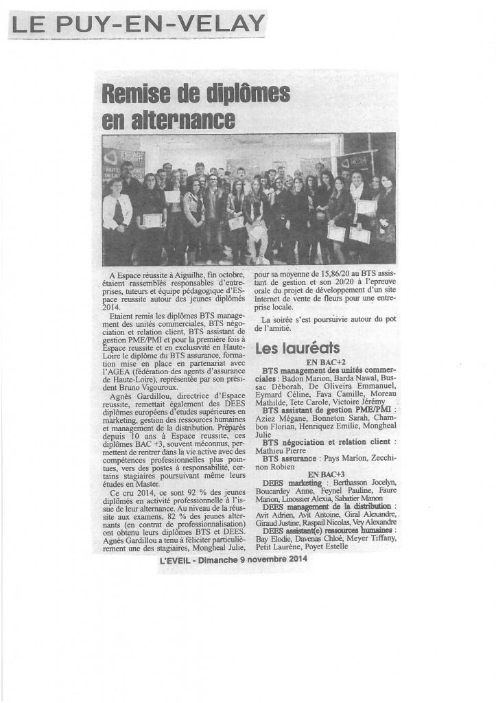 Publication concernant notre remise de diplômes 2014 dans le quotidien L'EVEIL. Daté du 09/11/14